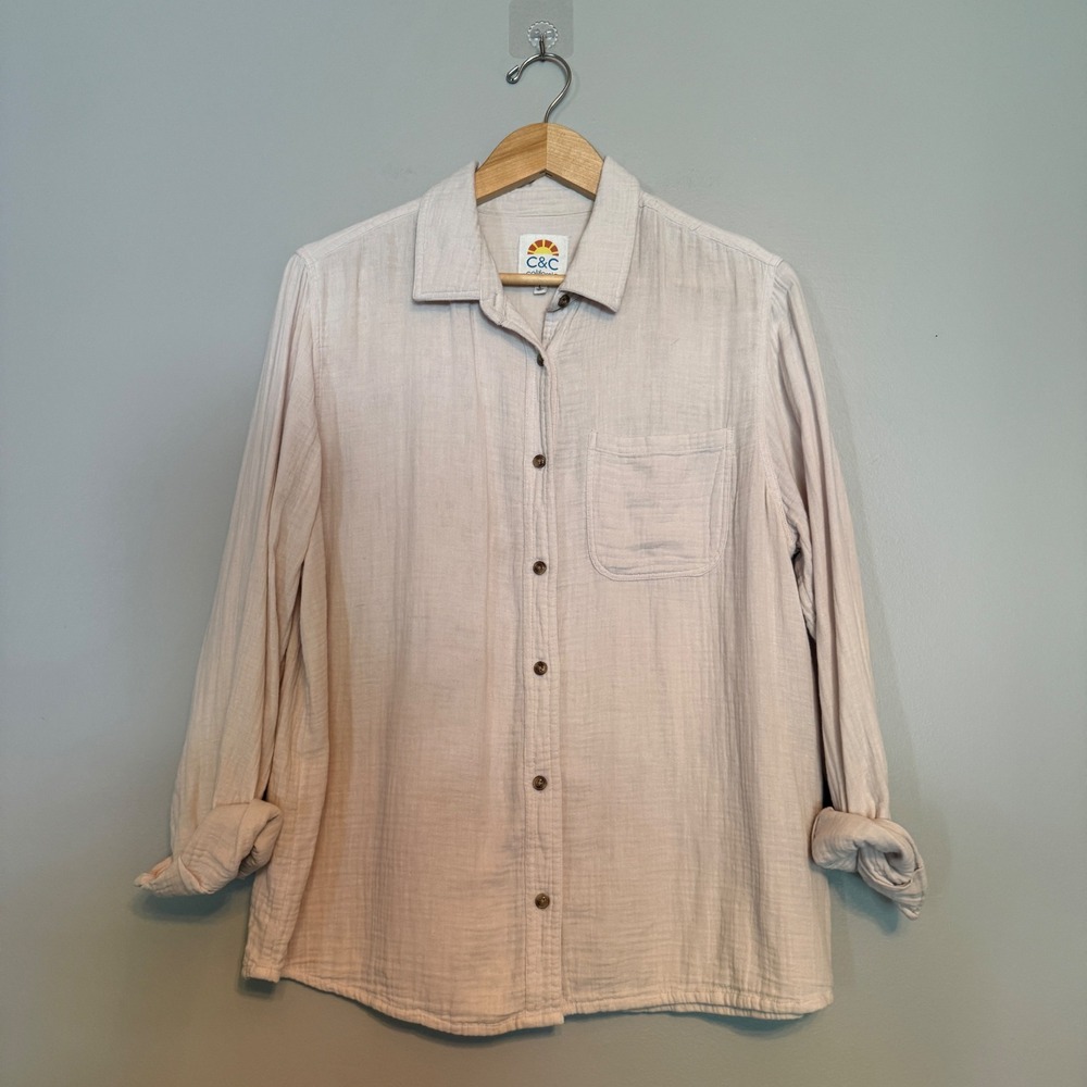 C&C California Women Cream Double Gauze Cotton Button Down Shirt Large RN120246